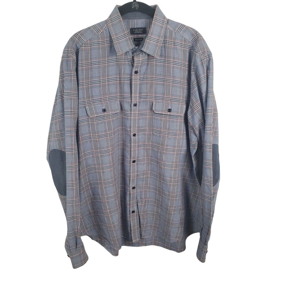 Zara Man Button Front Shirt Men's Large Blue Red Long Sleeve Front Pockets Casua
